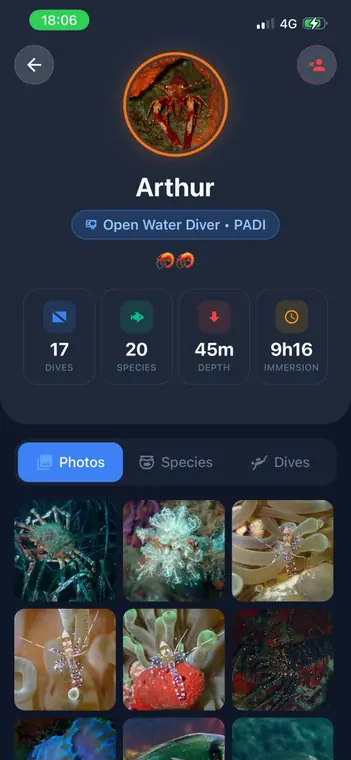Profil d'un autre plongeur dans Divex : niveau de certification, compteurs de plongées et d'espèces, galerie de photos sous-marines.